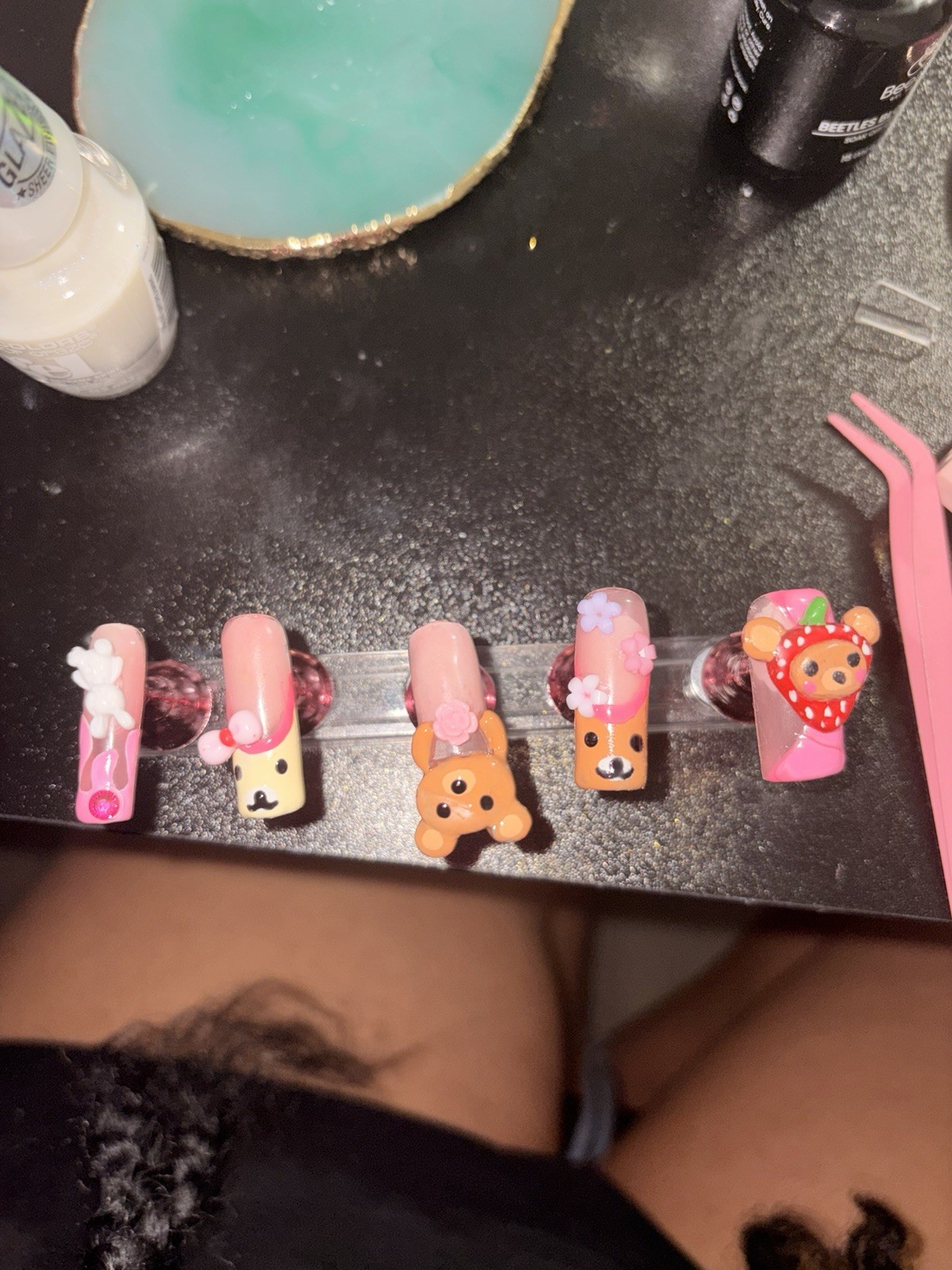 Pink Brown White 3D Bear Bunny Flower Med. Square Full Cover Press-On Nails Set