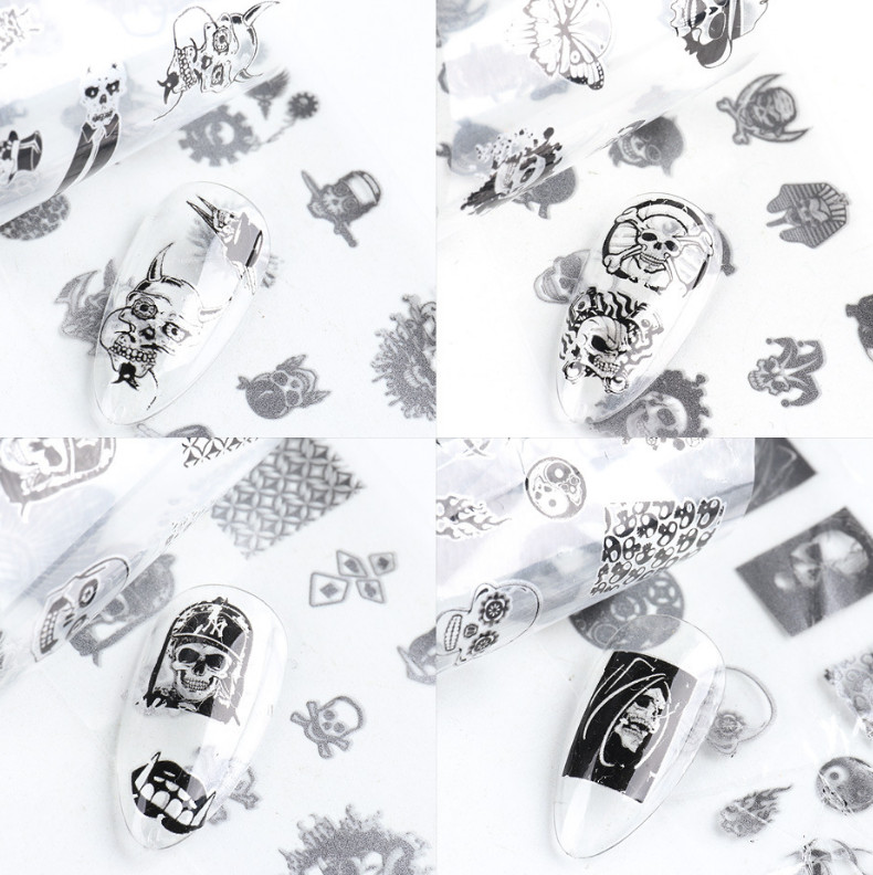 10pcs Skull Black White Scary Halloween Nail Art Foil Transfer Decals Manicure