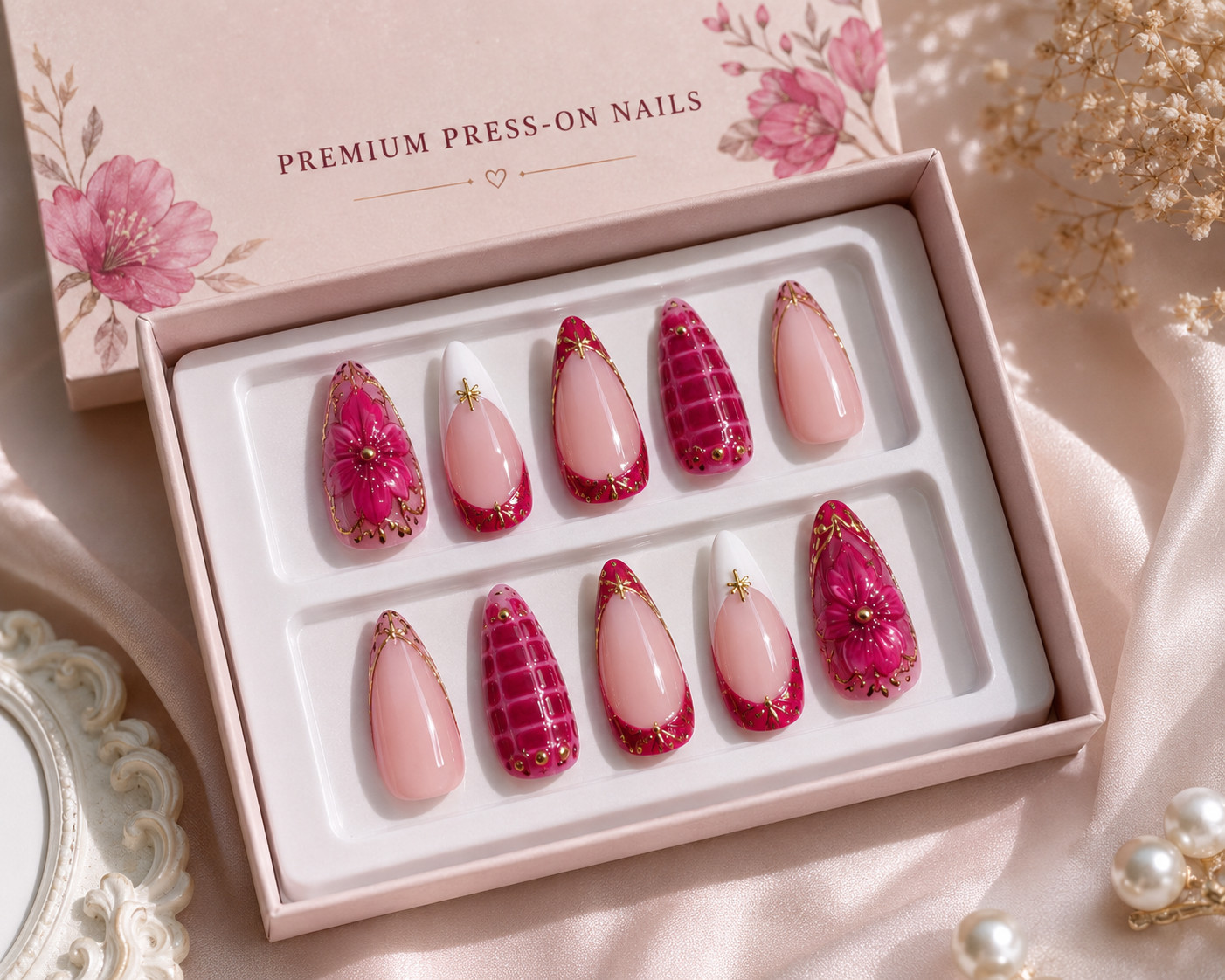 Pink Flower Press On Nails Short Almond Full Cover Reusable False Nails 24PCS
