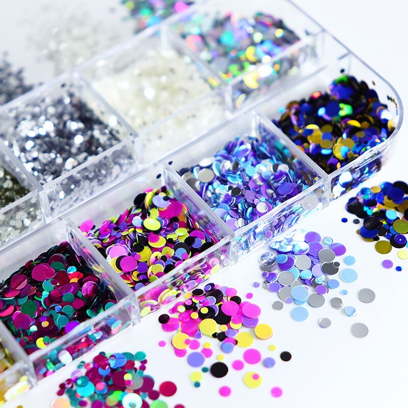 12 Grids Mixed Colors Round Dot Shape Nail Sequins Flakes Nail Art 3D Decoration