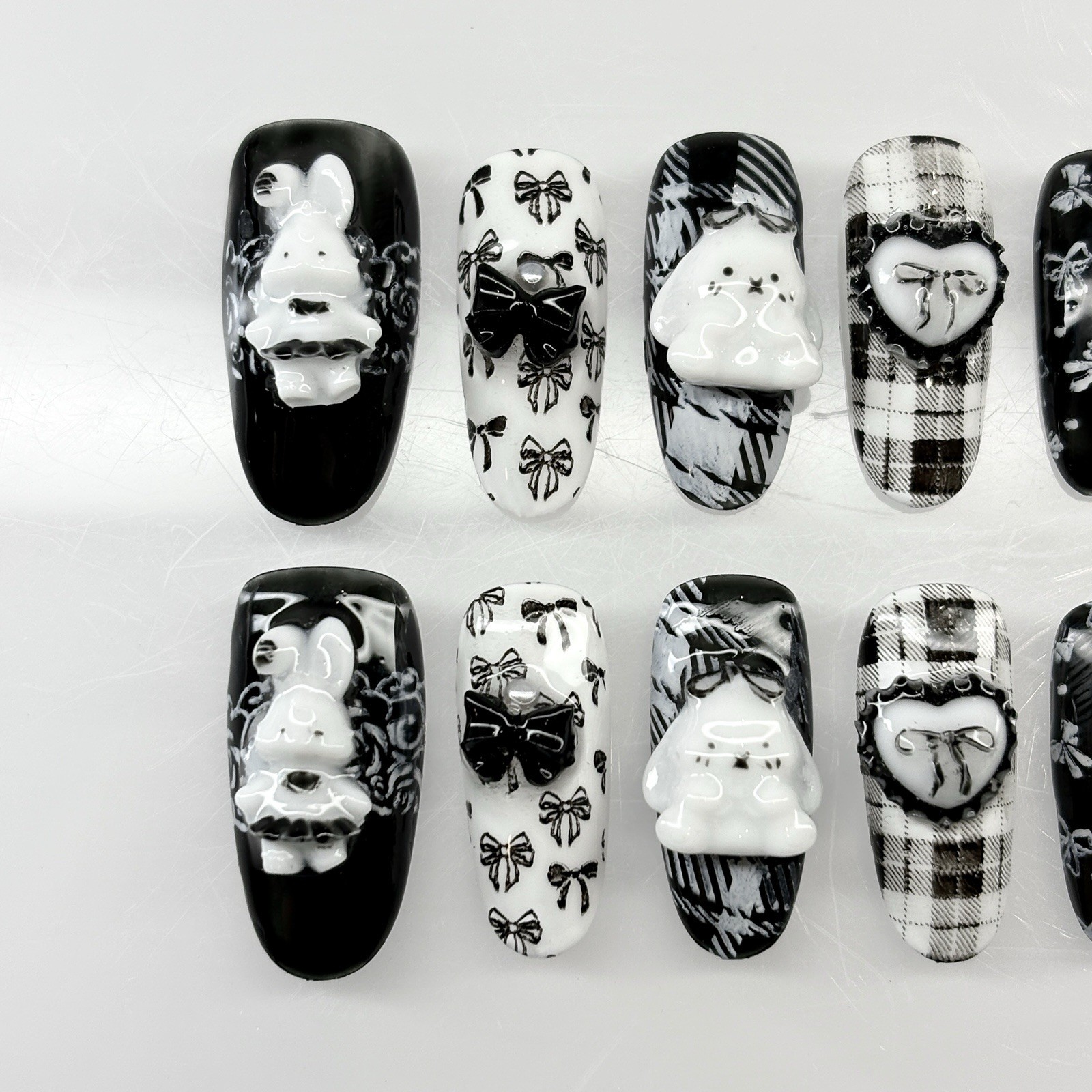 Goth Grunge Black Press On Nails Handmade 3D White Bunny Houndstooth Nail Art