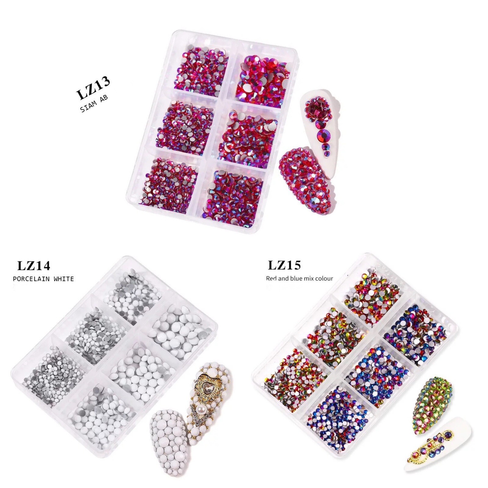 Box of 6 sets of Art Rhinestones Crystal Flat Bottom Mixed 3D Nails Decoration