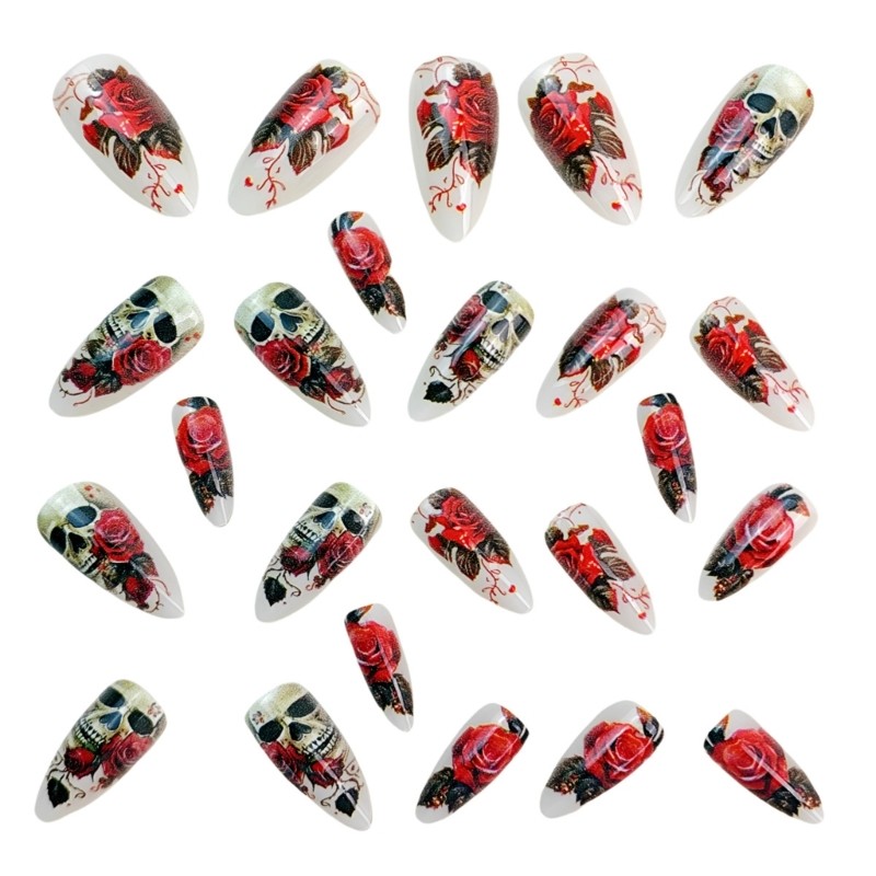 24pcs/set Halloween Fake Nail Almond Shaped ABS Fake Nail Rose Skull Design