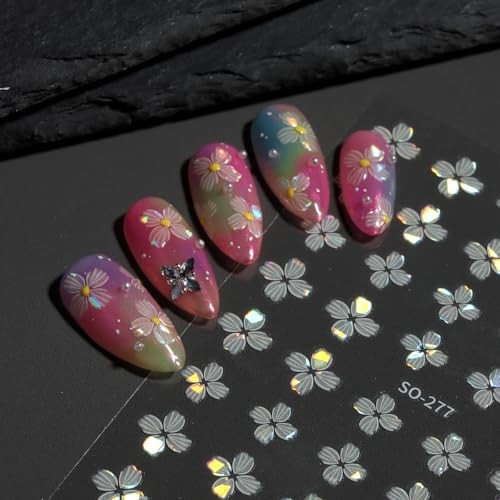 White Flower Nail Stickers – 3D Self-Adhesive Shiny Crystal Floral Pearly White
