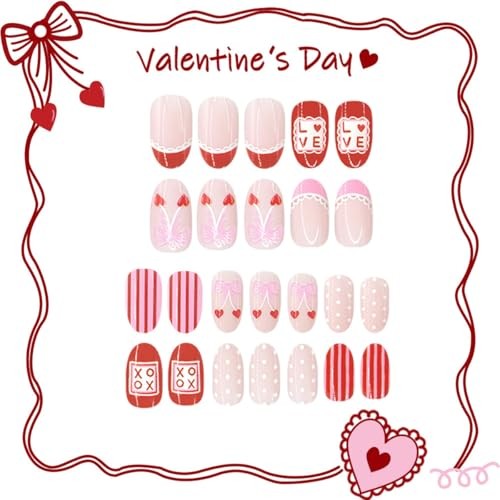 Valentine’s Day Press on False Nails Short Oval Fake Nails French Tip Style-12