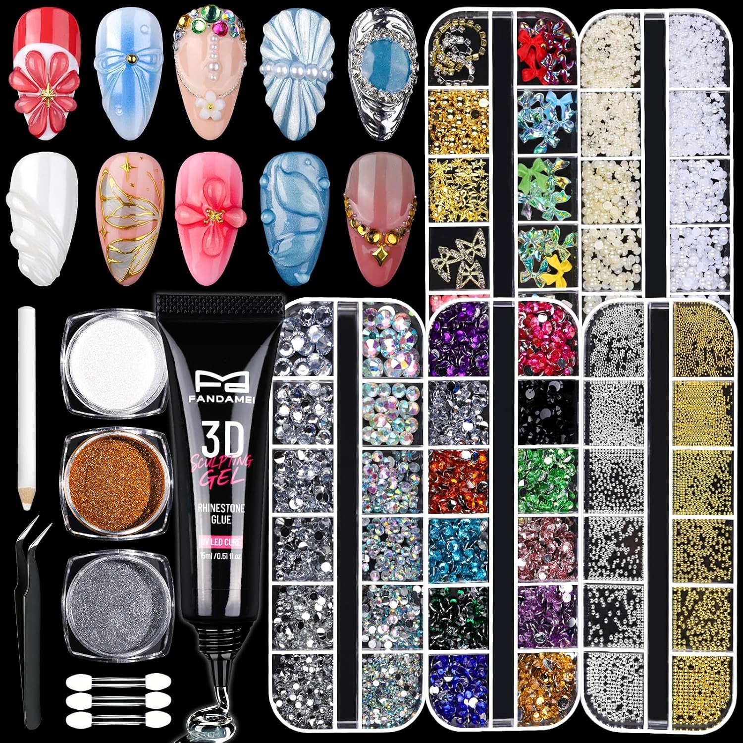 FANDAMEI 3D Nail Art Kit: Gel, Chrome Powder, Charms & Rhinestones