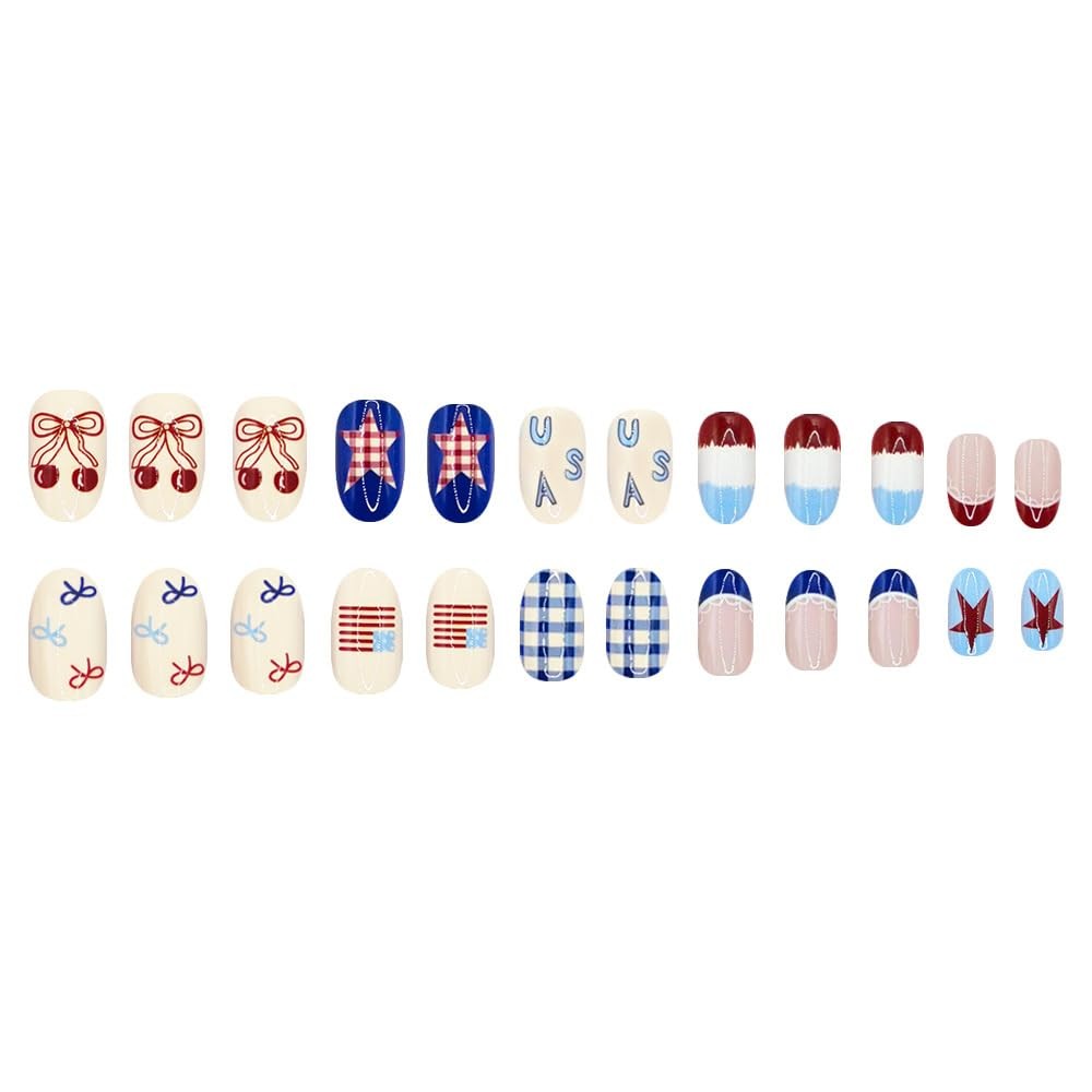 4th of July Press on Nails Medium Oval Fake with Medium, Style-33
