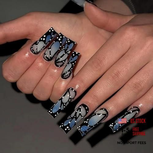 Long Square Press on Nails Blue Ombre French Tip Fake Nails 211-08 BlueBlack
