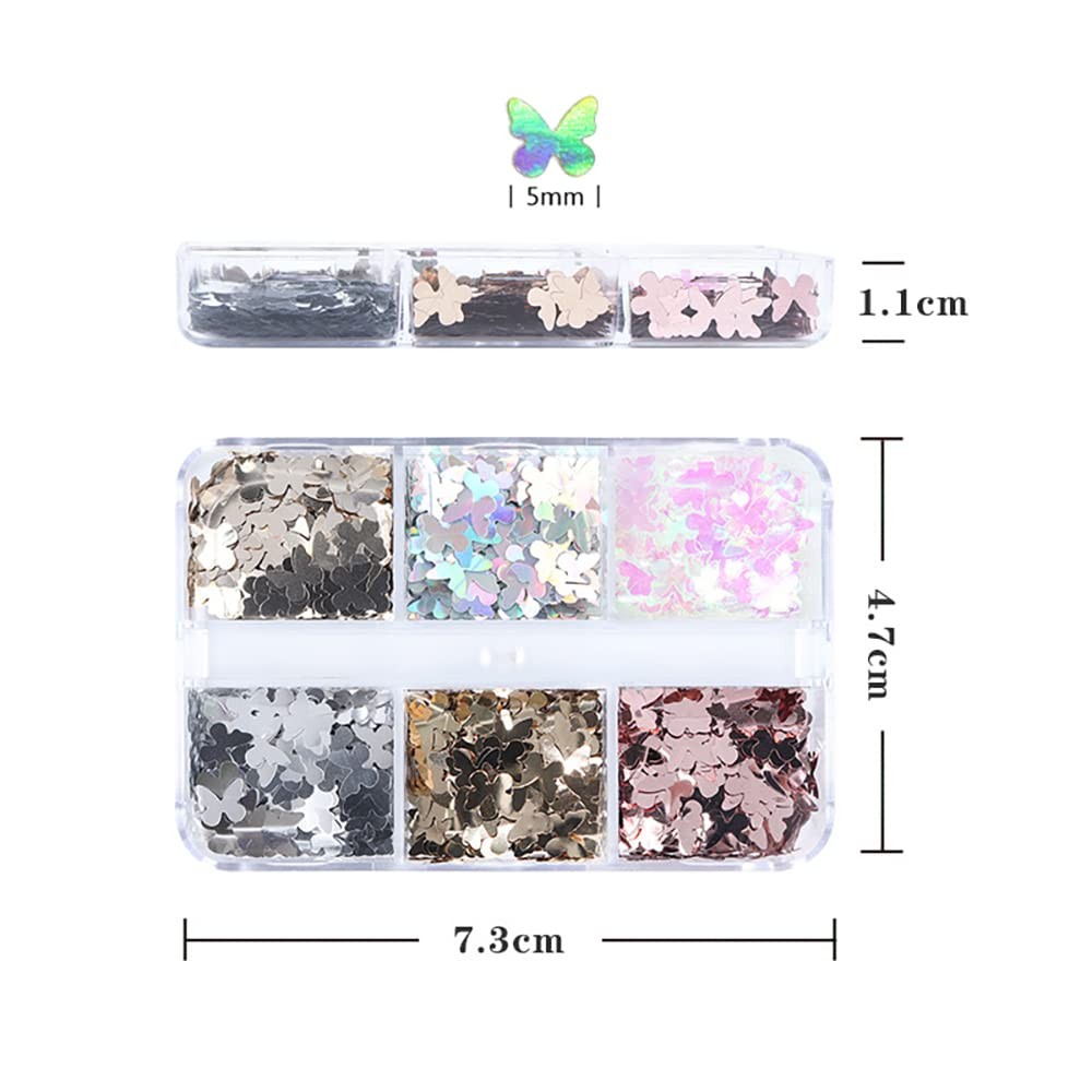 6 Grids Holographic Butterfly Nail Art Glitter Sequins 3D Sparkly Laser Butte…