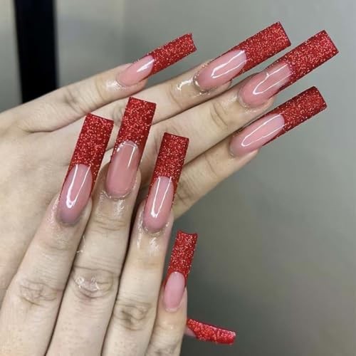 Long Press On Nails Square Fake 24 Fl Oz (Pack of 1) Red Glitter FrenchL39