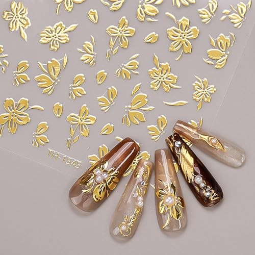 6 Sheets Gold Nail Stickers for Nail Art 3D Self-Adhesive Metallic Floral Leaf