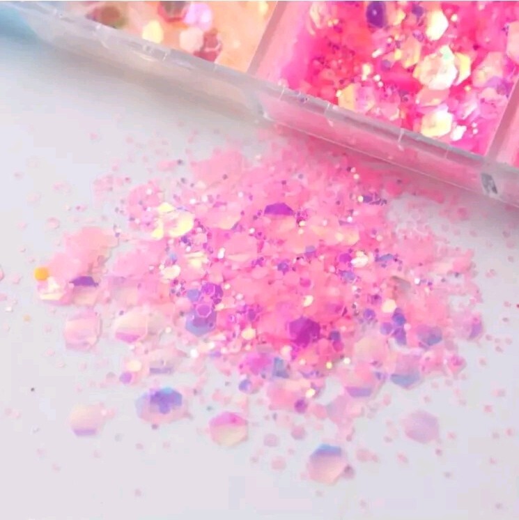 FULL BEAUTY 12 Grids Hexagonal Nail Glitter Flakes, Hypoallergenic Sparkly