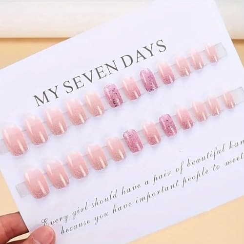 24Pcs Short Square Press on Nails – Nude Pink Gradient Glitter Fake Style24