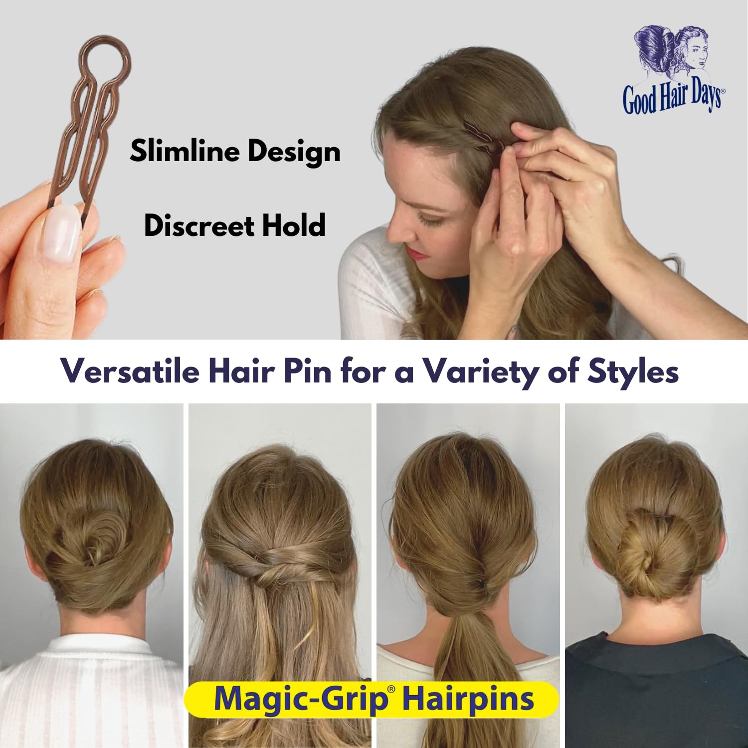 Good Hair Days Magic-Grip Hairpins – 2 1/2″ U-Shaped Grip Set of 10, Crystal