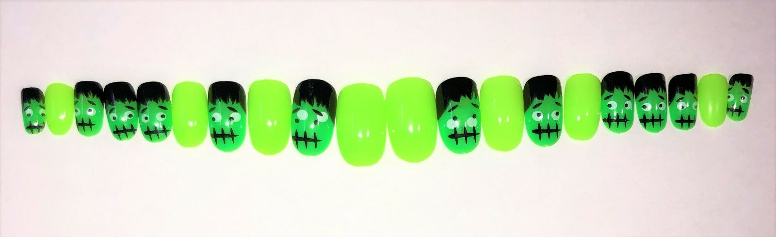 Frankenstein Glow in the Dark Nails- (Set of 20 sizes 0-9) Short Oval,Pre-tabbed