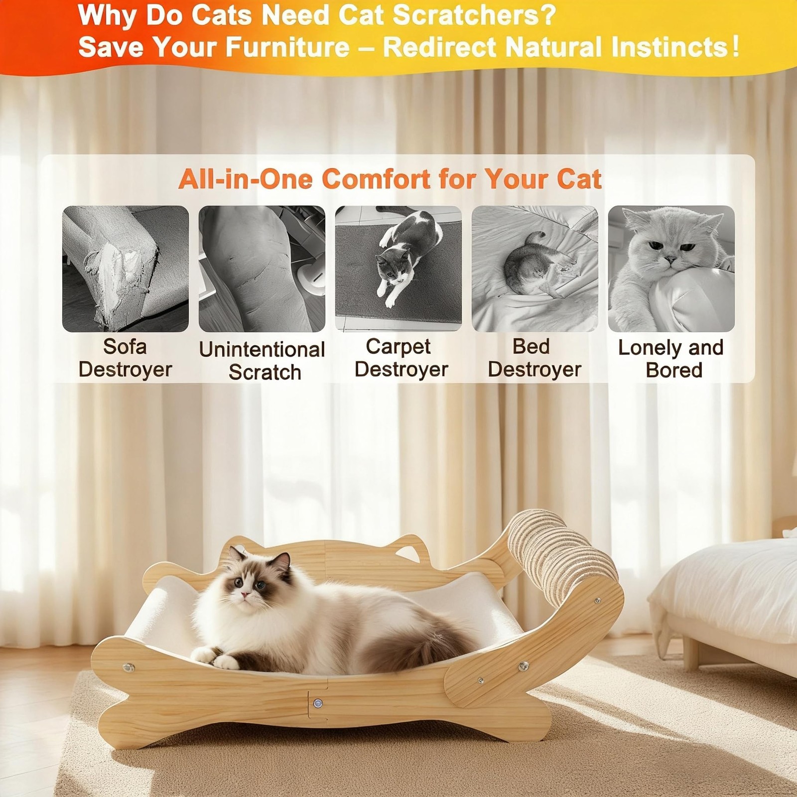3-in-1 Cat Scratcher Bed for Indoor Cats Sisal Scratcher & Hammock Lounge wit…