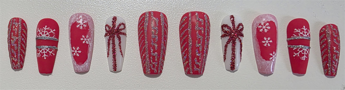 Handmade Press On Nails Winter Christmas Snowflake Red Yellow Green Blue Light