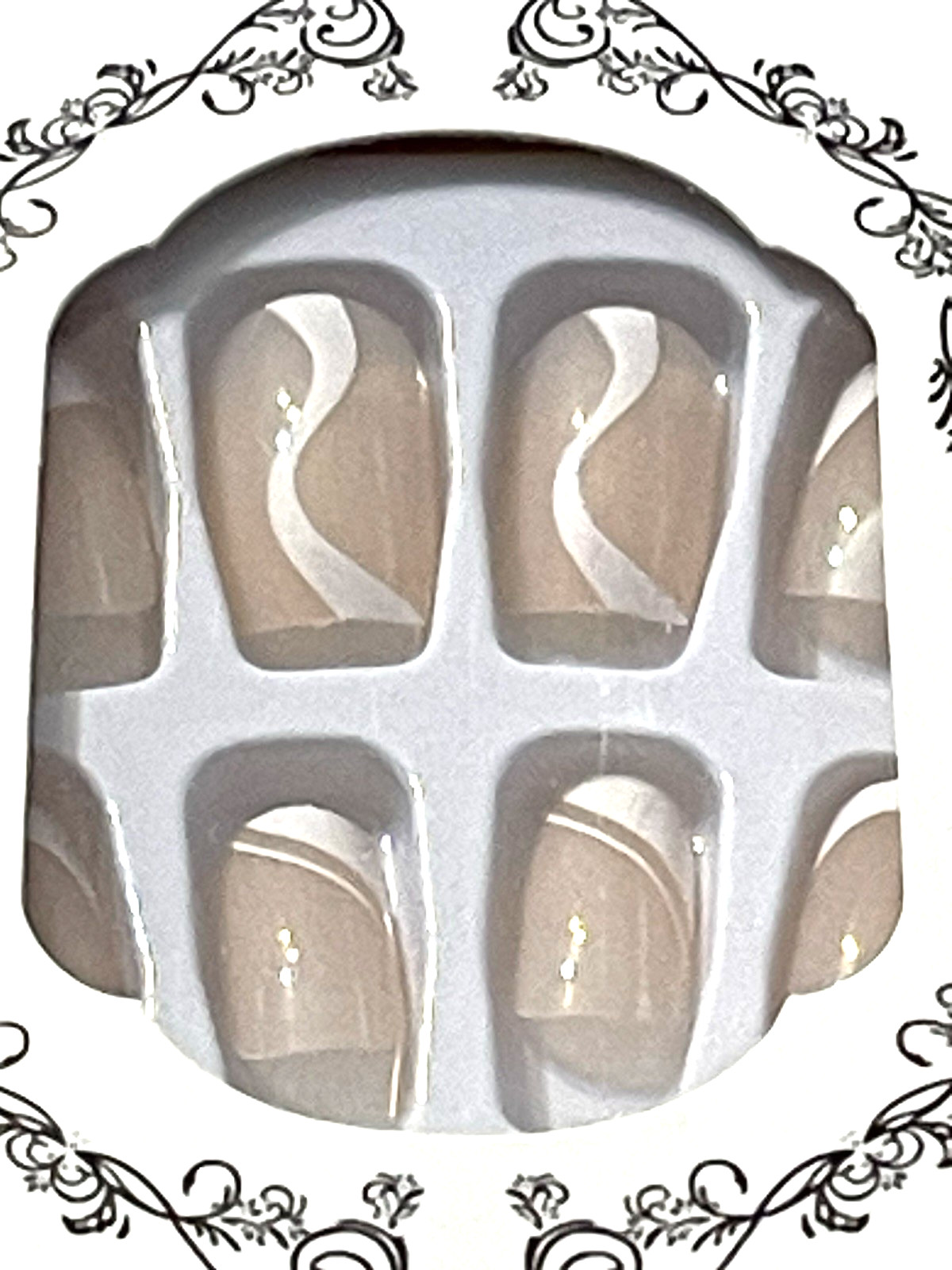 For Wonderful Nail Collection NUDE with WHITE FRENCH TIP SWIRL Press On Manicure