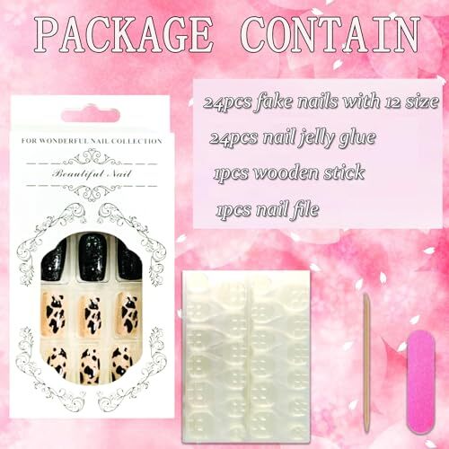 Black Press on Nails Square 24Pcs Glossy Full Cover Medium Acrylic Square