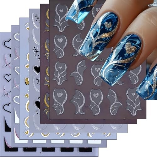 6Sheet Valentine Nail Stickers Gold Silver Glitter Curve Nail Art Valentine-10
