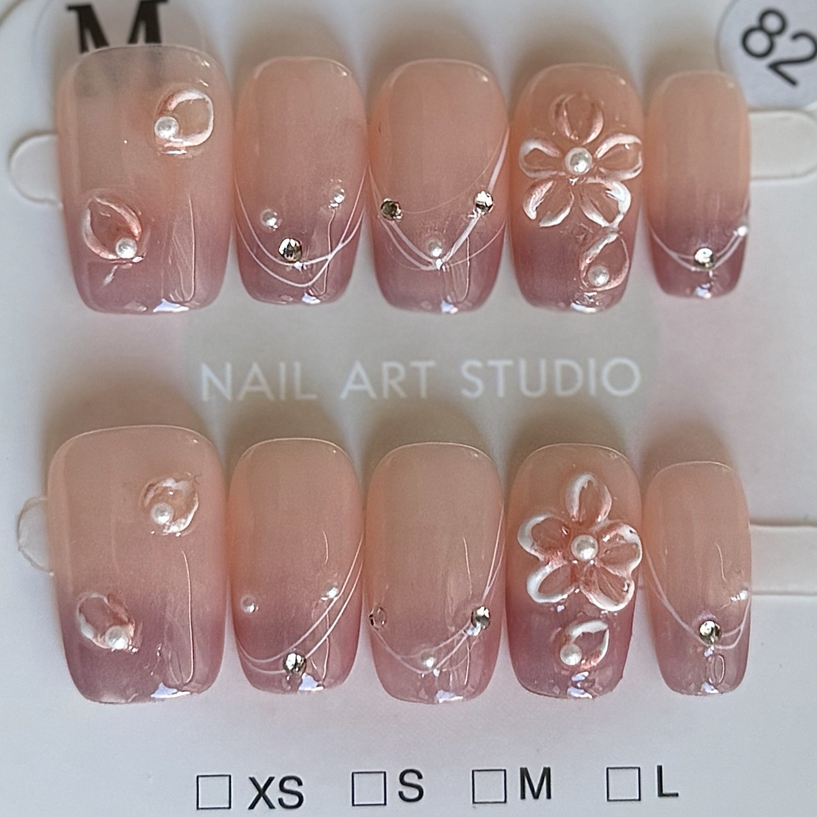 Handmade Pink Nude French Tip 3D Flower Press-On Nails Reusable False Nail