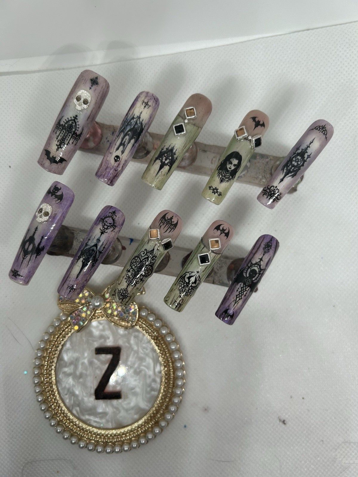Z NAILZ! Handmade XXXL Square Gothic Design Purple/green Mist Press on Nails