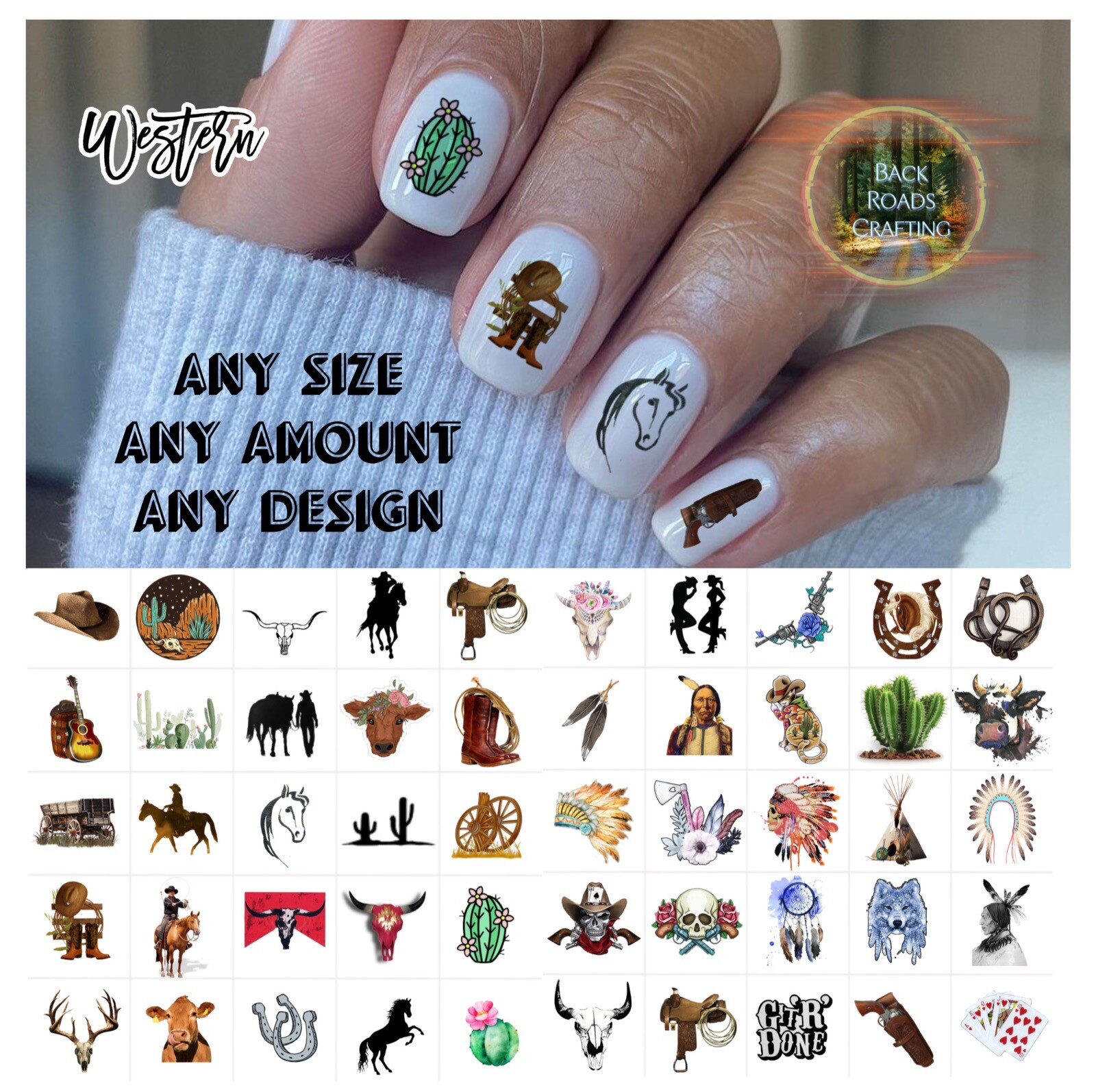 Western Hats Skull Waterslide Nail Decals Set Of 50 Instructions & Bonus