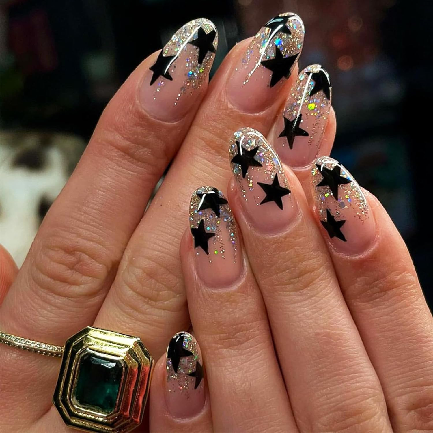 24Pcs Medium Almond Press on Nails with Black Five-pointed Star Design, Glossy S