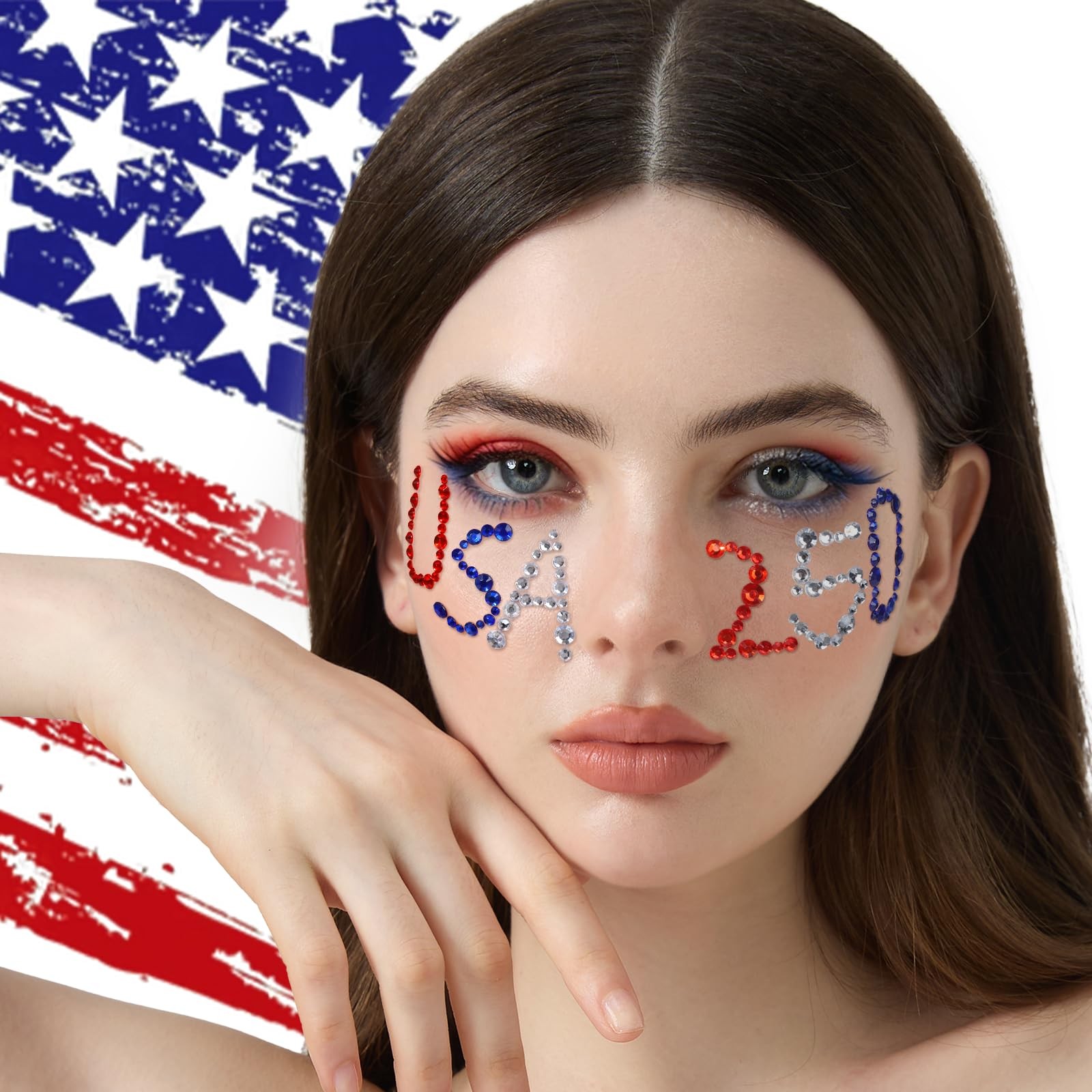 Red White and Blue Body Glitter Gel with Face Gems Set, 4th of July Patriotic Fa