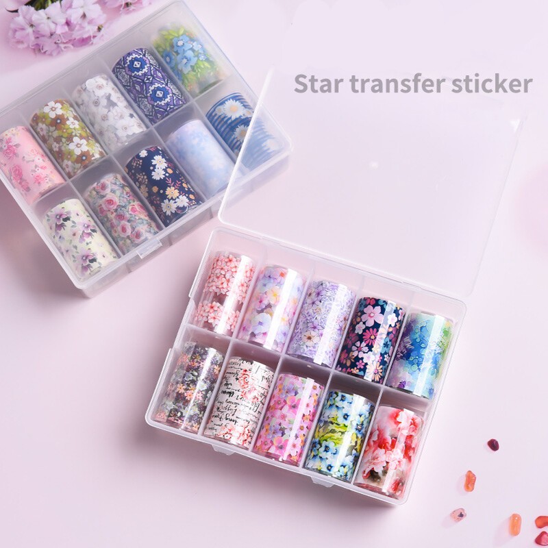 10Rolls Holographic Nails Art Transfer Foil Stickers Flower Star AB Paper Wrap✔