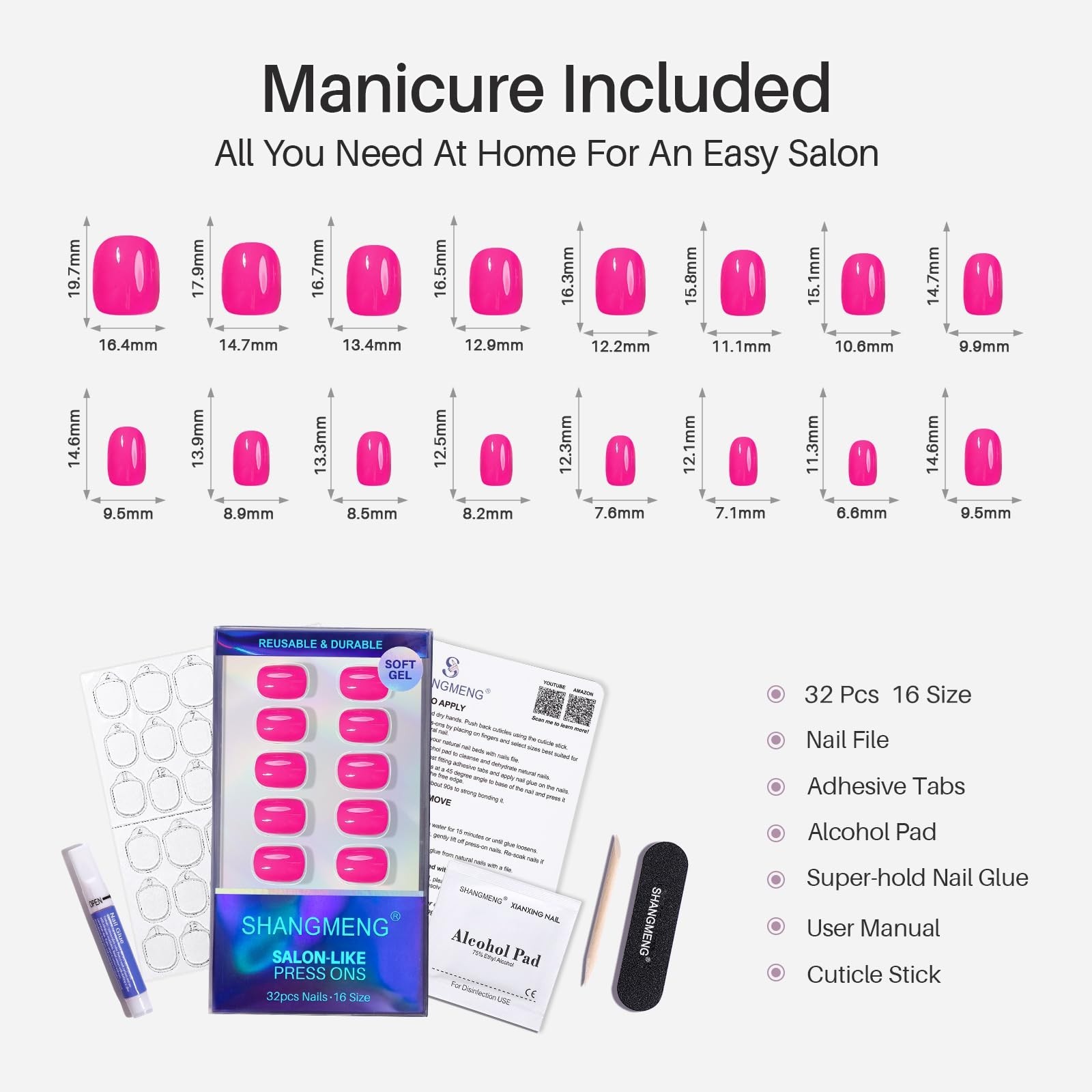 Hot Pink Extra Short Press on Nails – Glossy Squoval Gel Nails, 32 Reusable Kit,
