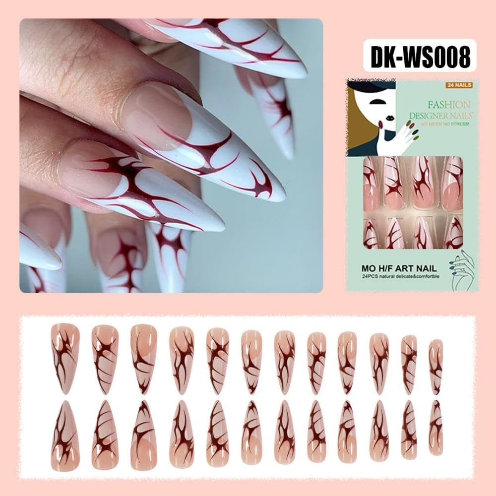 Halloween Press on Nails Long Almond Stick on Nails with Red Flame Design Glo…