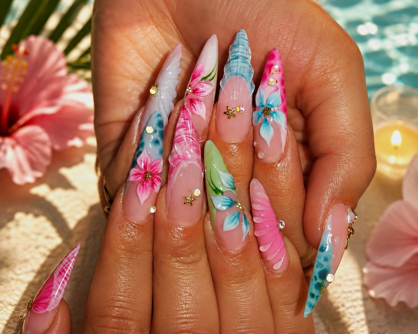 Beautiful Nail Long Stiletto Press-On Nails 3D Floral Multicolor Full Cover