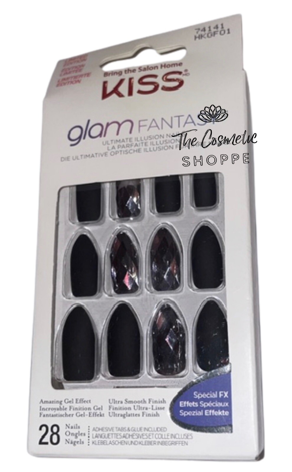KISS Glam Fantasy Matte Black Glue On Stiletto Shape Medium Length Nails x1