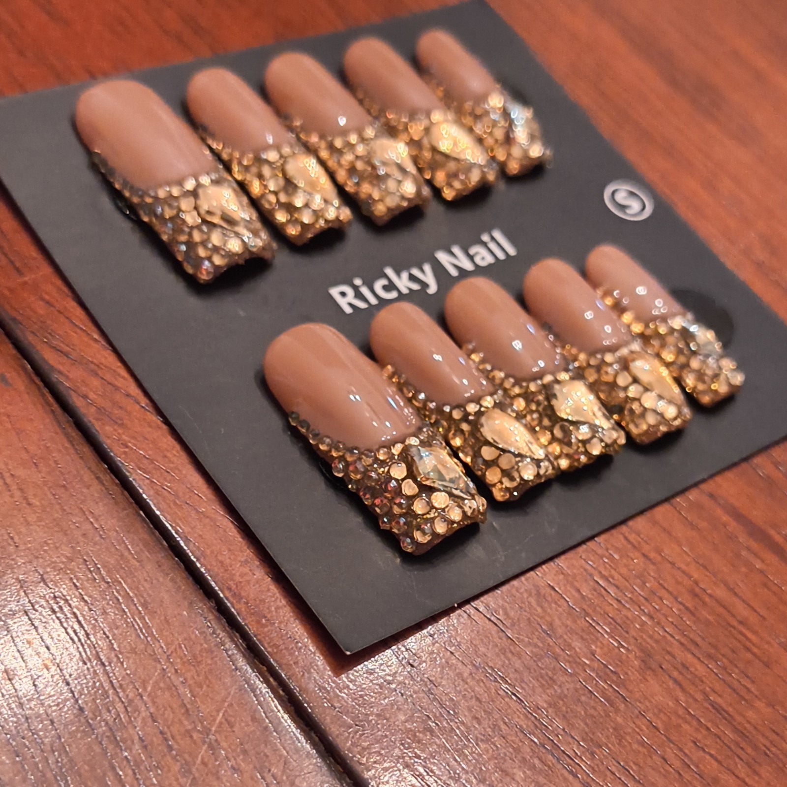 Ricky Nail Press-On Nails Medium Square Brown Gold Rhinestone Full Cover Shiny