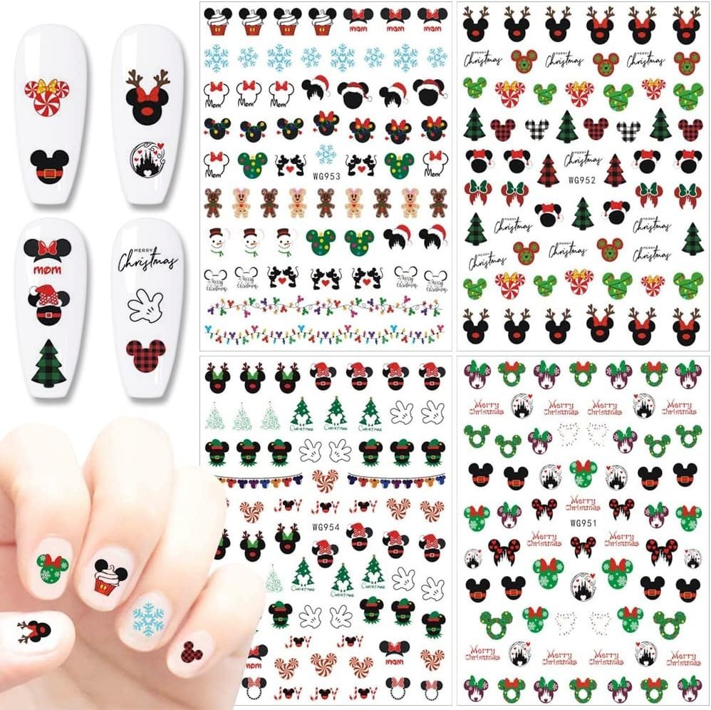 Cute 3D Cartoon Christmas Nail Stickers – 4 Sheets for Festive Nails