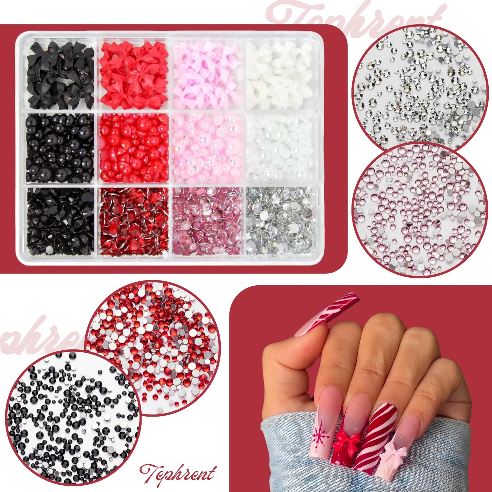 12 Grids Flat Back Rhinestones Colorful Round Glass Gems for Nail Art Black W…