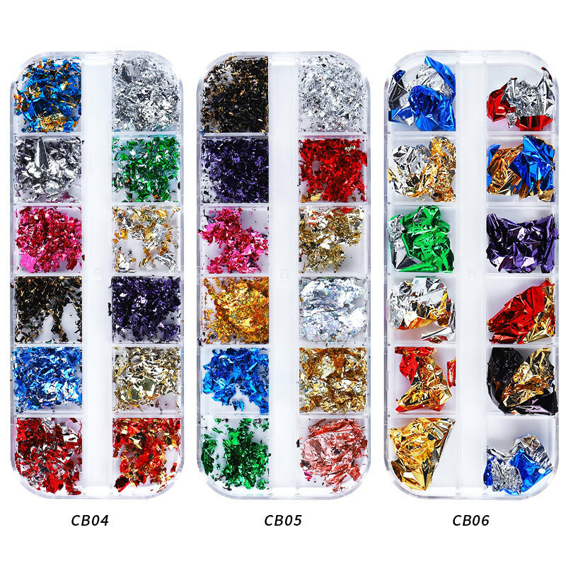 12 Grids Nail Art Gold Silver Foils Paillette Chip Flakes Wraps Decor Nails Tips
