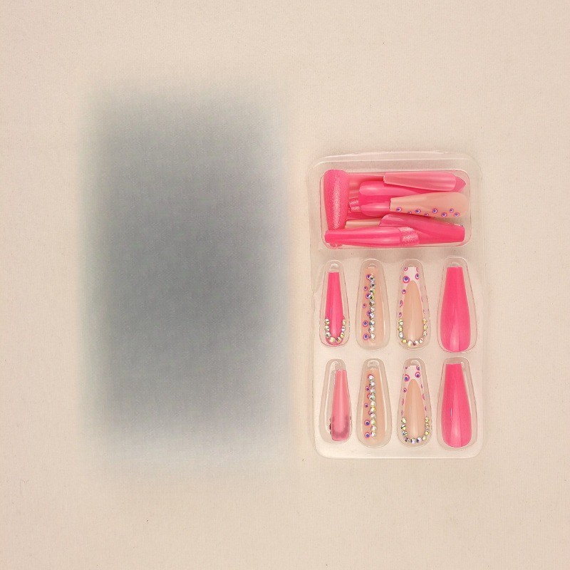 48pcs-Long Coffin Press on Nail, Bright Pink with Glitter Tips&Rhinestone Detail