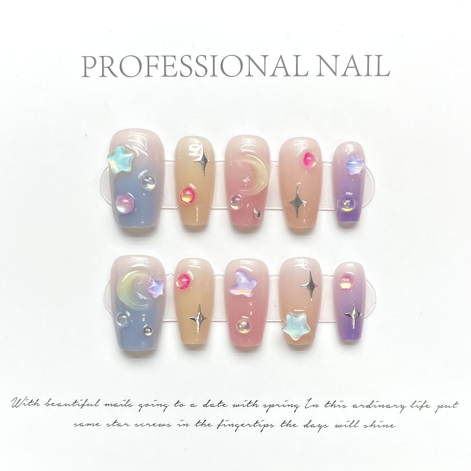 10 Pcs Colorful Coffin Press on Fake Nail with Moon Star Decor,Medium False Nail