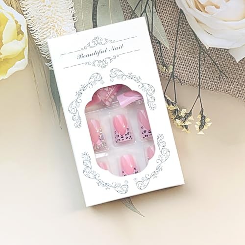 Duck Shaped Acrylic Nails – Medium – Medium – French & Floral Rhinestone