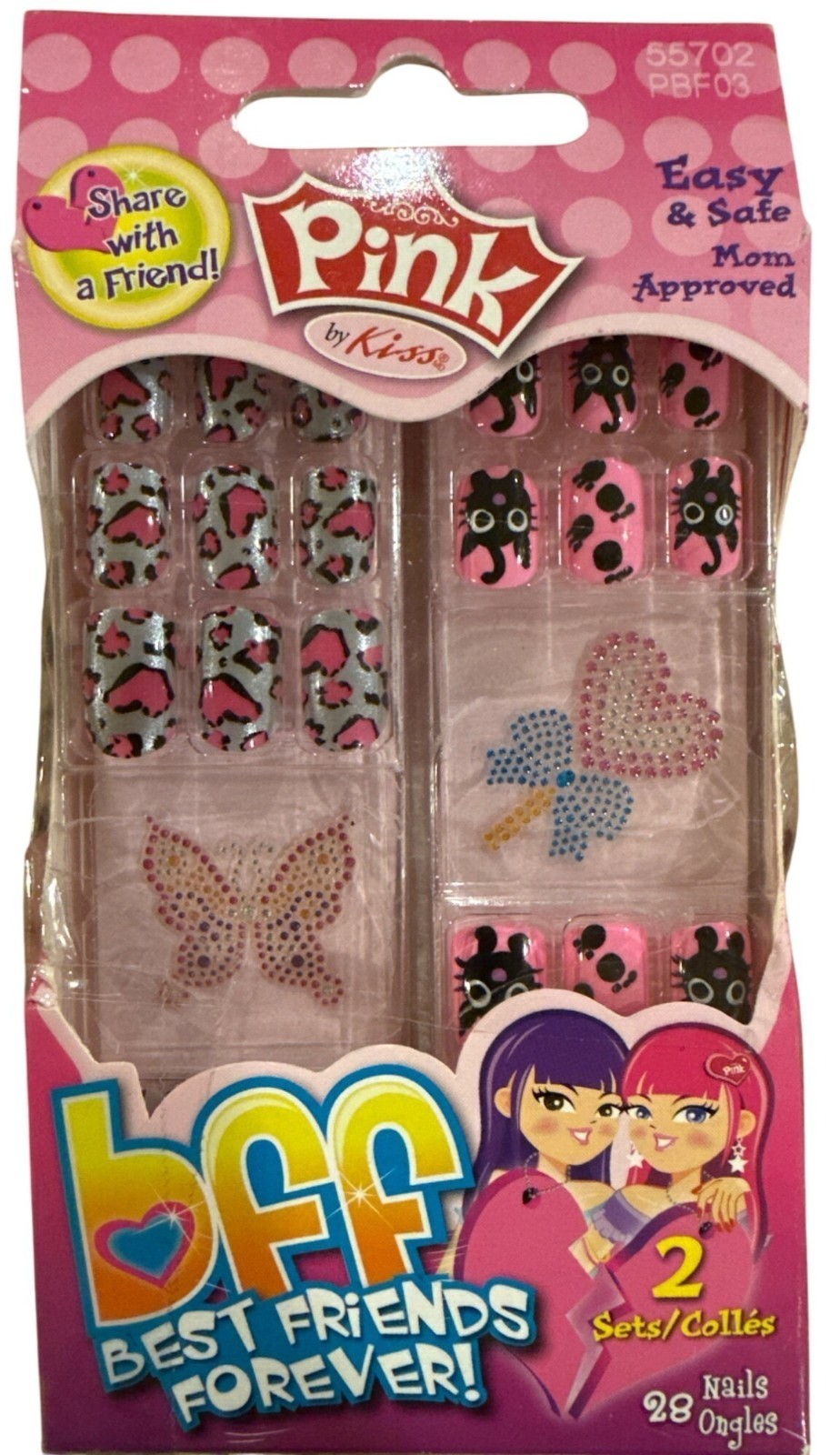Kiss PINK 55702 28 Press-On Nails BFF Silver+Pink+Black CAT Hearts BUTTERFLY