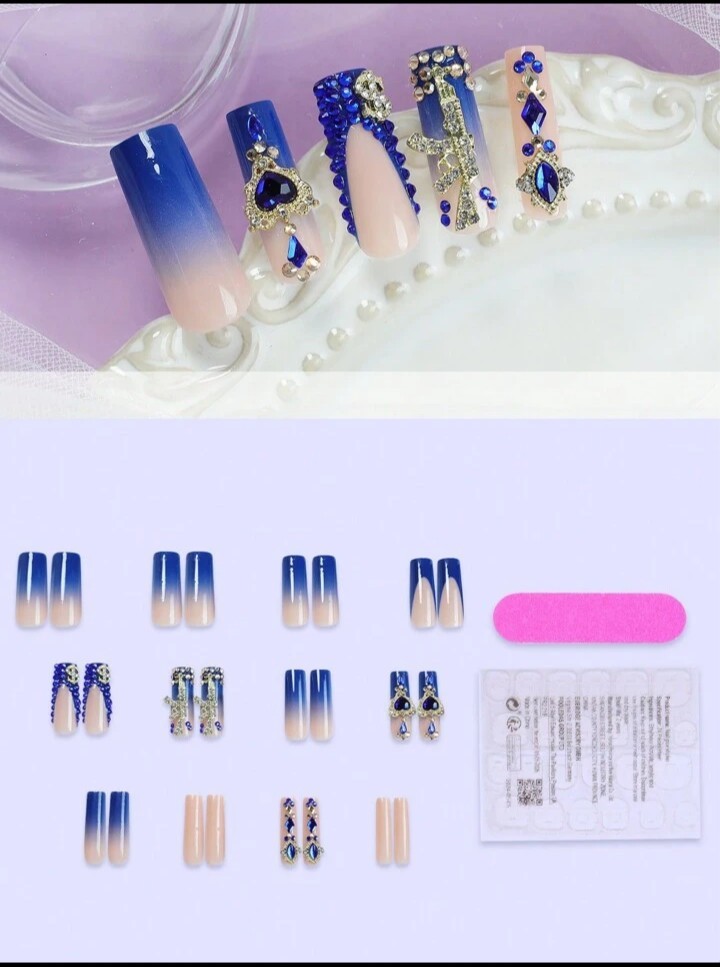 Royal Blue Bling Long Press On Nail Set with Glue Full Cover