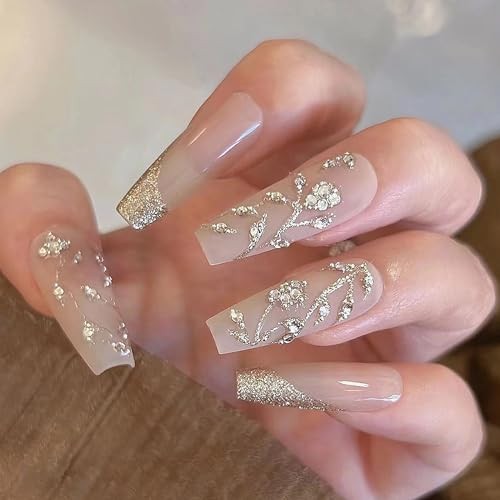 MISUD Long Coffin Press-On Nails with Bling Glitter Rhinestone, 24 Pcs