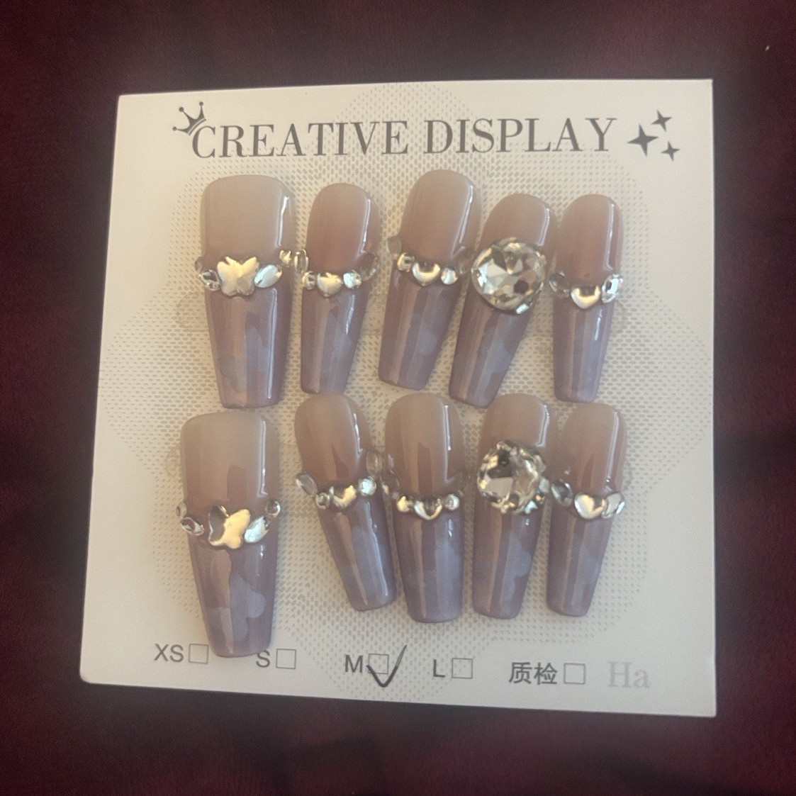 Creative Display Press-On Nails Set Gray Shiny Rhinestone Medium Coffin Acrylic