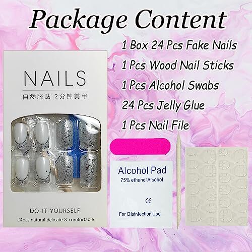 24 Pcs French Tip Press on Nails Medium Square False Nails Silver Glitter2