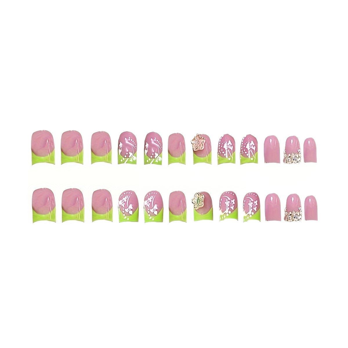 48Pcs Green French Floral Square Press On Nails