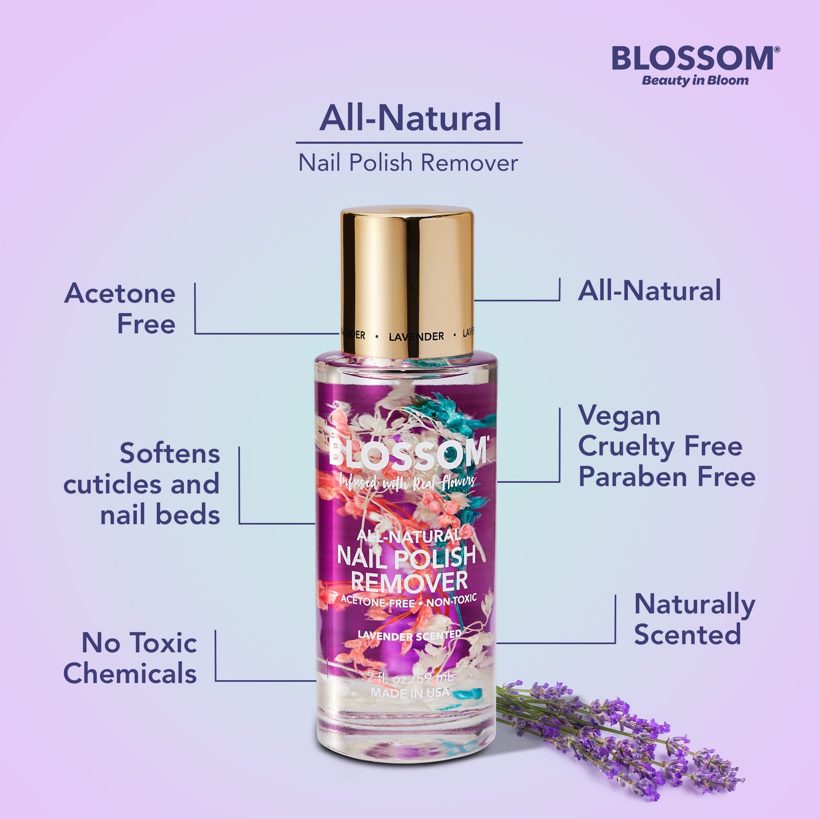 Blossom Non Toxic Nail Polish Remover 2 Fl Oz (Pack of 1), Lavender