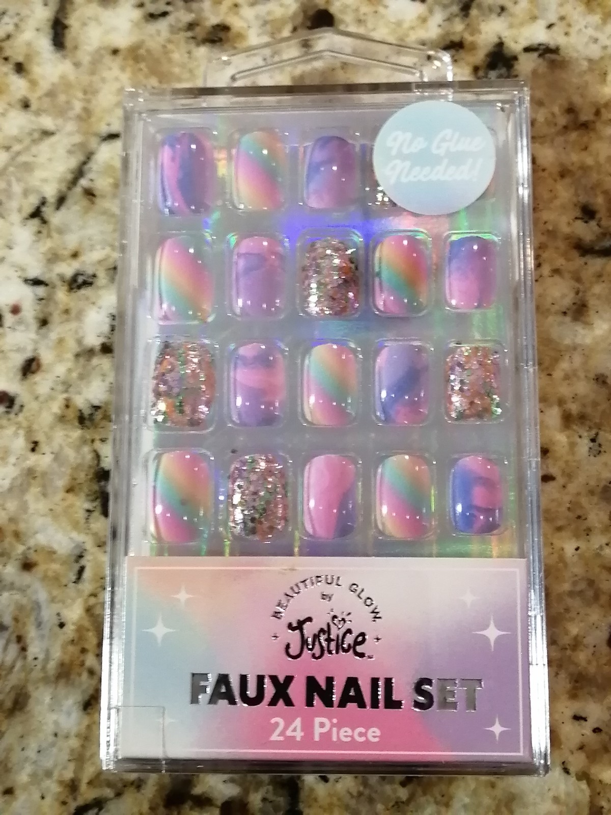 Justice for Girls Faux Nail Set Rainbow Pink Purple Swirl 24 ct