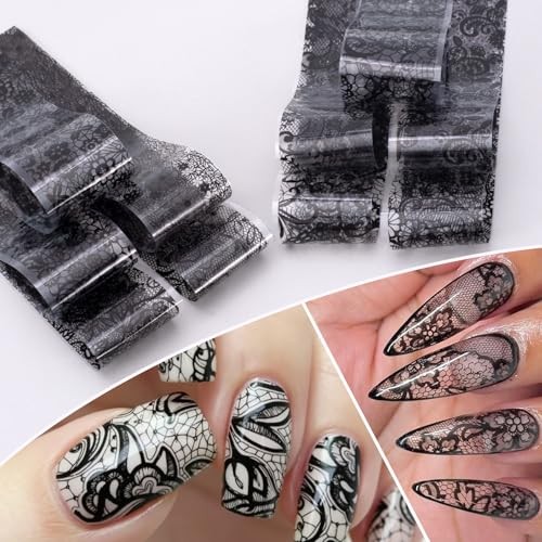 10 Sheets Nail Transfer Foil, Lace Nail Foil, Lace Nails Black (20×2.3cm)